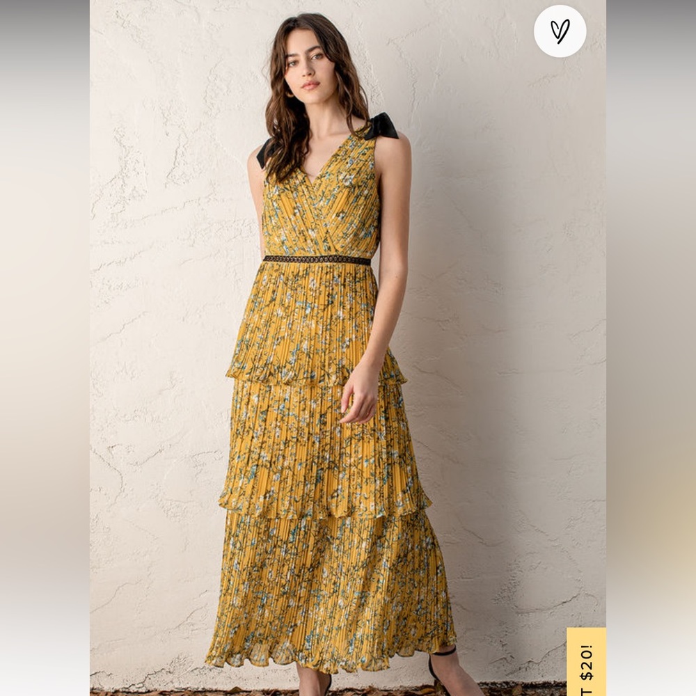 Lulus Such Sophistication Yellow Floral Print Pleated Maxi Dress Size XS NWT